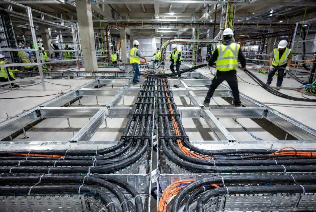 Electricians pulling cable on a data center build - the kind of work posted on the RoadTrades traveling trades job board