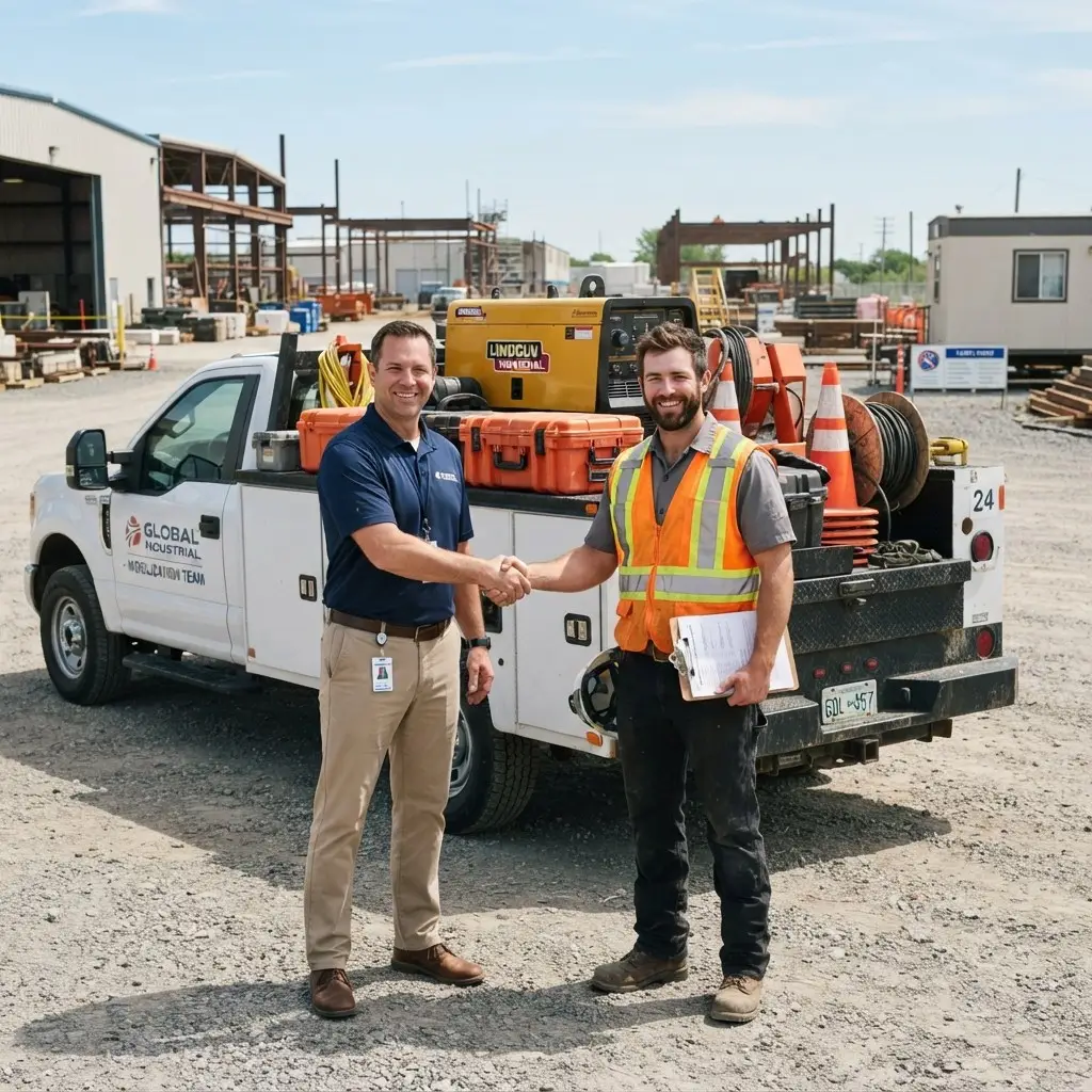 Traveling trades recruiting tools — recruiter and tradesman shaking hands at an industrial job site